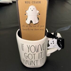 Rae Dunn White Ghost Mug with Black Lettering, NEW, includes mug charm